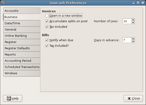 GnuCash Preferences - Business