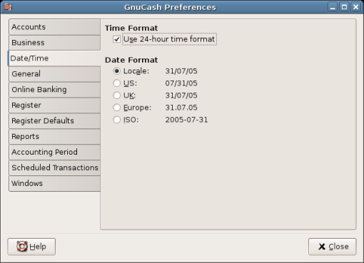 GnuCash Preferences - Date/Time