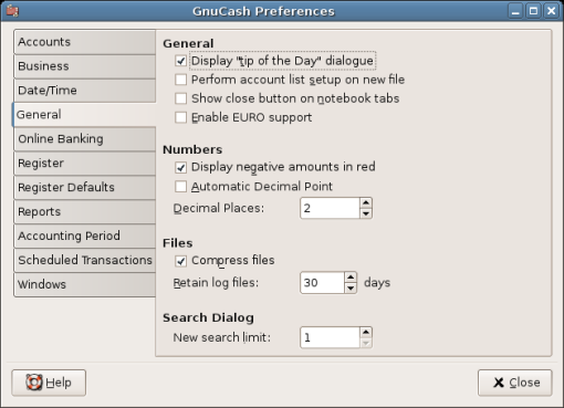 GnuCash Preferences - General