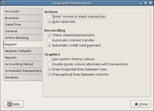 GnuCash Preferences - Register