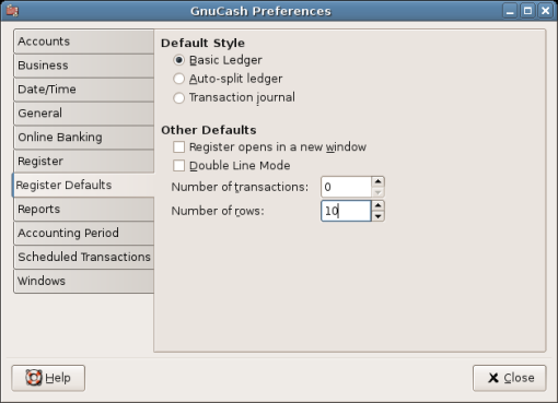 GnuCash Preferences - Register Defaults