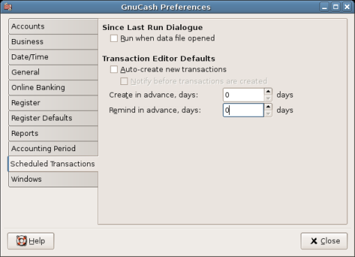 GnuCash Preferences - Scheduled Transactions