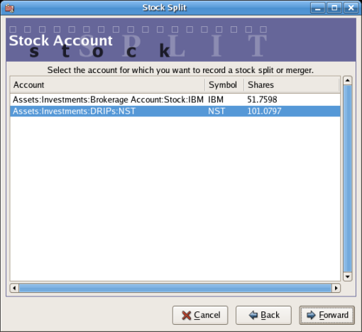 An image of the stock split druid at step 2 - Selection of Account/Stock.
            