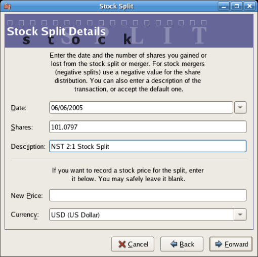 An image of the stock split druid at step 3 - Split Details. 